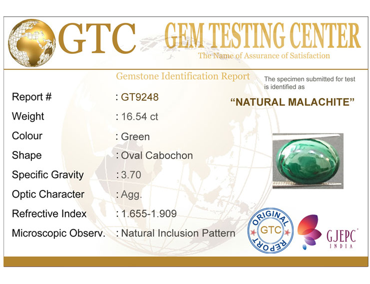 16.54 ct Natural Certified Malachite stone
